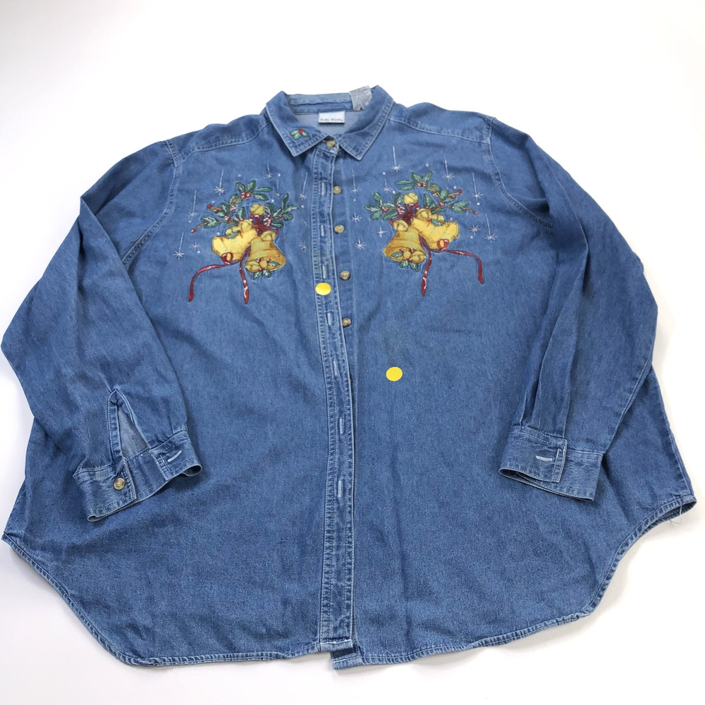 Bobbie Brooks VTG 24W Embroidered Denim Button Long Sleeve Shirt Christmas STAIN
